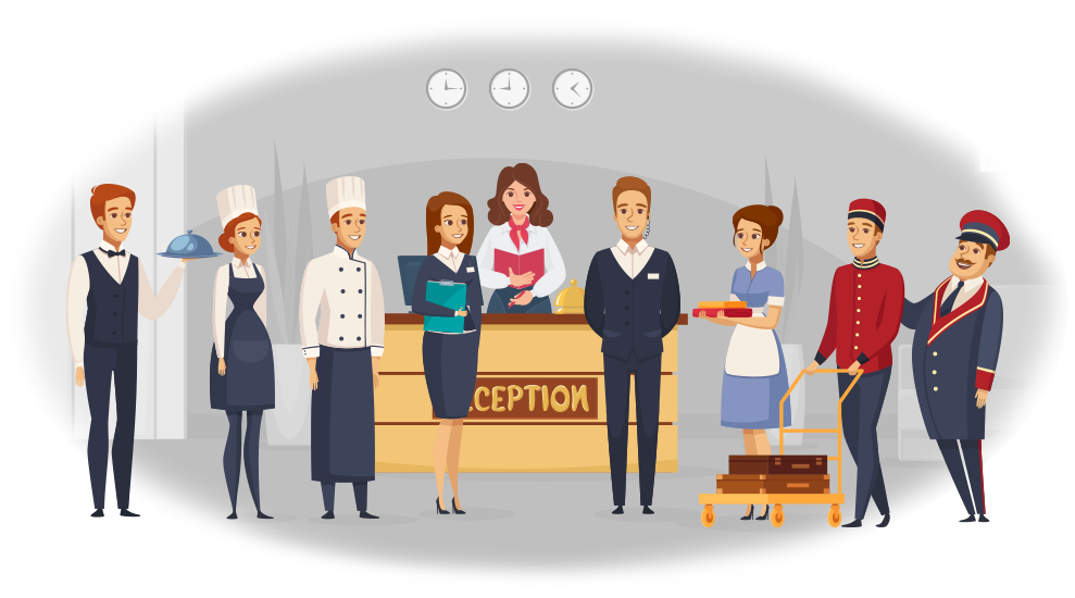 Personal de trabajo en un hotel: director del hotel, recepcionista, personal de cocina, personal de limpieza, servicio de cocina, etc