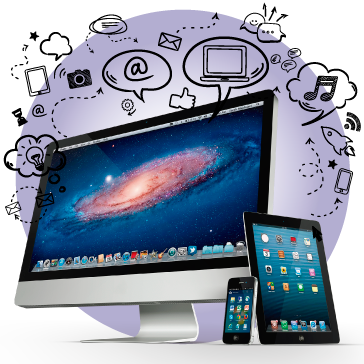 imagen de una computadora, un celular y una tablet con íconos de arroba, bombillos y planetas que simbolizan conexión con internet