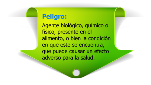 Peligro: Agente biológico, químico o físico, presente en el alimento, o bien la condición en que este se encuentra, que puede causar un efecto adverso para la salud.