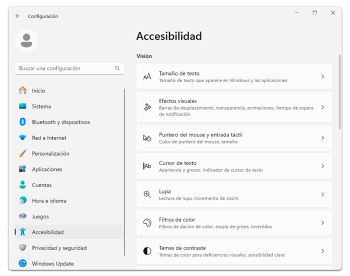 Menú Accesibilidad mostrando las opciones Tamaño de texto, Efectos visuales, Puntero del mouse y entrada táctil, Cursor de texto, Lupa, Filtros de color y Temas de contraste.