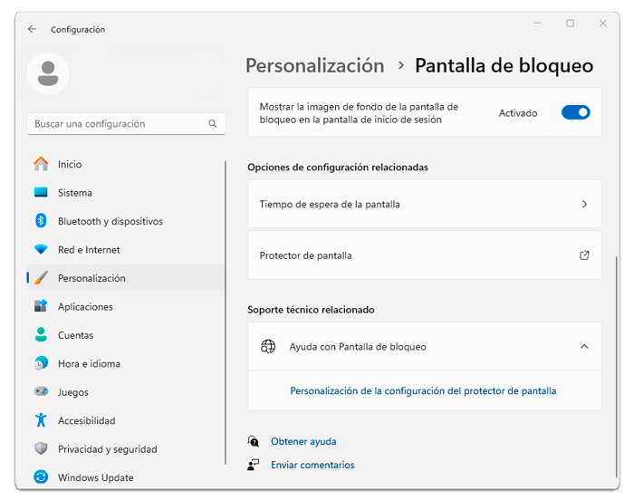 Contenido de la ventana de menú Inicio, opción Personalización, opción Pantalla de bloqueo.