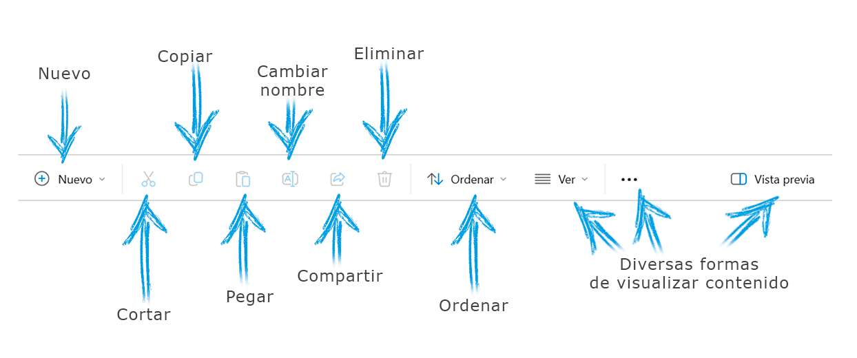 Imagen de la barra de herramientas del Explorador de archivos de Windows 11, incluye los botones de nuevo, cortar, copiar, pegar, cambiar nombre, compartir y eliminar. También contiene el botón para realizar ordenamiento y diversas formas de visualizar el contenido.