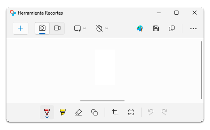 Imagen de la ventana de la herramienta Recortes mostrando la barra de herramientas inferior con los botones: bolígrafo, resaltado, borrador, formas, recorte de imagen, acciones de texto, deshacer y rehacer.
