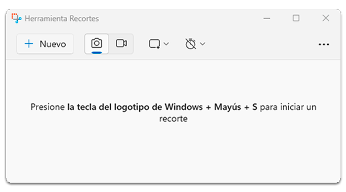 Imagen de la ventana de la herramienta Recortes mostrando la barra de herramientas con los botones: Nuevo, selección entre imagen y vídeo, modo de recorte y aplazar recorte.