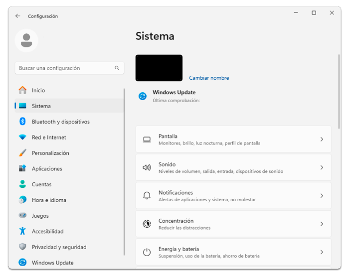 Ventana de Configuración mostrando las alternativas del menú vertical: Inicio, Sistema, Bluetooth y dispositivos, Red e Internet, Personalización, Aplicaciones, Cuentas, Hora e idioma, Juegos, Accesibilidad, Privacidad y seguridad, Windows Update.