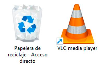 Se muestra el ícono de la Papelera de reciclaje y el ícono de Media Player, este último muestra una flecha en la esquina inferior izquierda que lo identifica como un acceso directo.