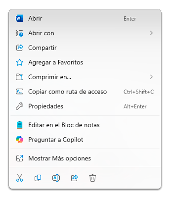 Menú contextual sobre un elemento en el panel de contenido muestra los íconos cortar, copiar, cambiar nombre, compartir y eliminar. Además, despliega las opciones: Abrir, Abrir con, Compartir, Agregar a Favoritos, Comprimir a, Copiar como ruta de acceso, Propiedades, Mantener siempre en este dispositivo, Liberar espacio, entre otras.