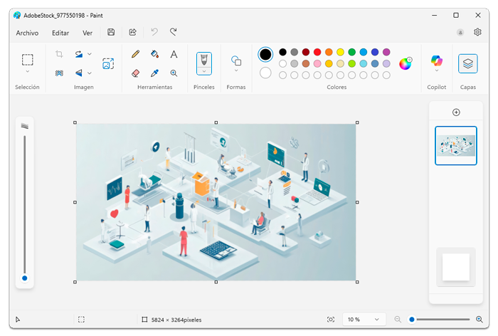 Vista general de la pantalla de Paint con la barra de título, menú principal y cinta de herramientas.