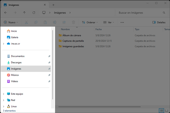 Panel de navegación del Explorador de Windows mostrando Inicio, Galería, Personal; dentro de Personal las carpetas 2022, 2023 y 2024; dentro de 2024 las subcarpetas enero, febrero y marzo, seguido de la sección de acceso rápido que contiene Escritorio, Descargas y Documentos; finalmente, la sección Entorno, con las unidades del equipo.