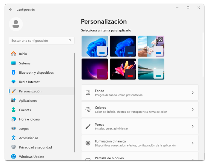 Menú Personalización mostrando las opciones Seleccionar tema, Fondo, Colores y Temas.