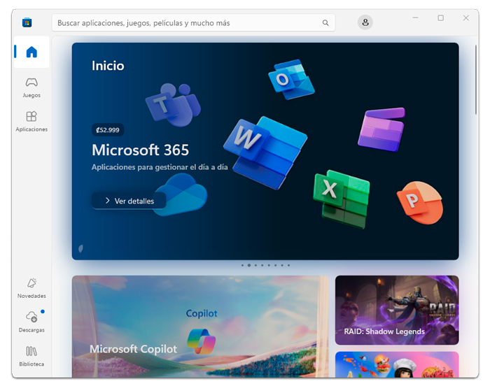Ventana de Microsoft Store visualizando un menú vertical a su izquierda con las opciones Inicio, Juegos y Aplicaciones; en la parte inferior Novedades, Descargas y Biblioteca.