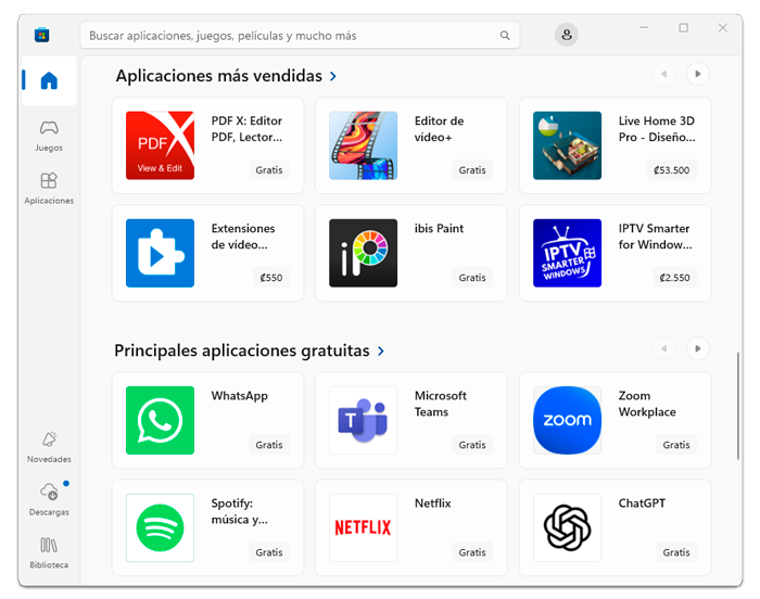 Contenido de la ventana de Microsoft Store visualizando íconos de diferentes aplicaciones en las categorías Aplicaciones más vendidas y Principales aplicaciones gratuitas.