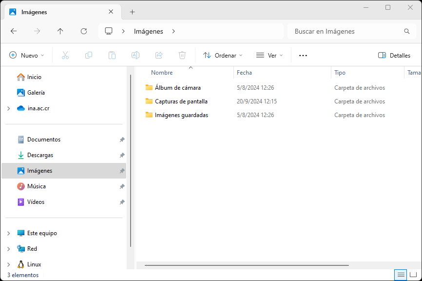 Imagen de la ventana del Explorador de archivos de Windows 11: a la izquierda se visualiza el panel de navegación y a la derecha el panel de contenido.
