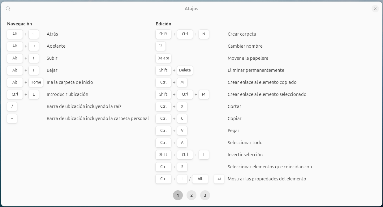 Captura de pantalla de Atajos del teclado en la aplicación Archivos