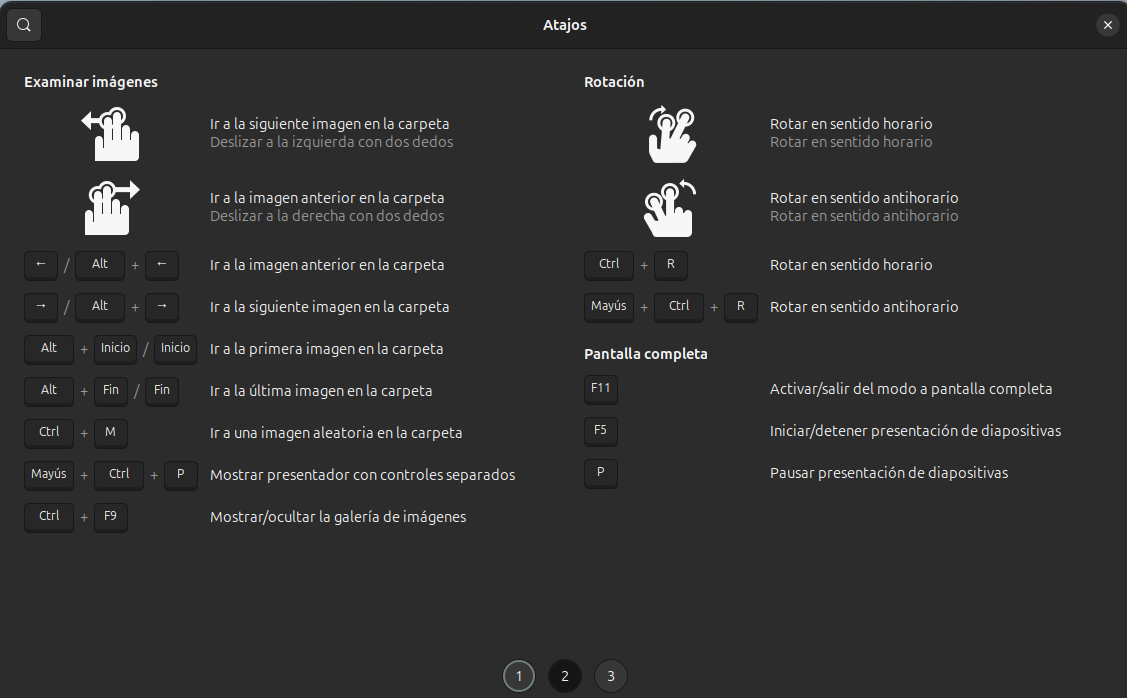 Opciones de atajos del teclado en la aplicación Visor de imágenes.
