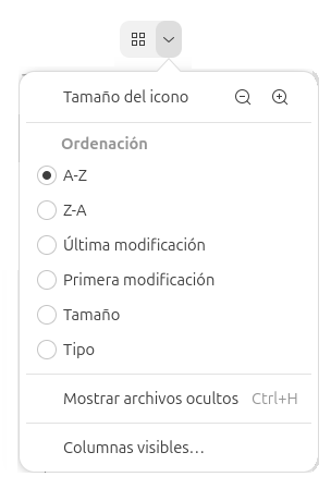 Captura de pantalla del menú Vista de la aplicación Archivos.