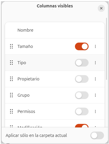 Captura de pantalla del menú Columnas visibles de la aplicación Archivos