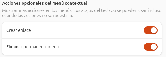 Captura de pantalla de Acciones opcionales del menú contextual, Preferencias