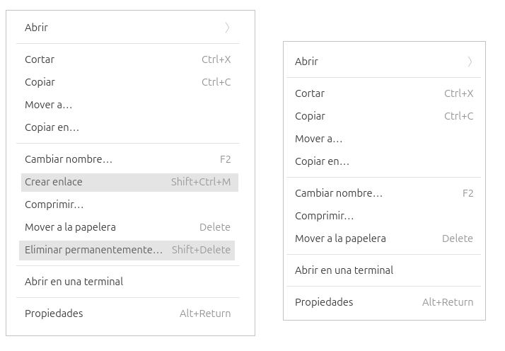 Diferencia en Acciones opcionales del menú contextual.