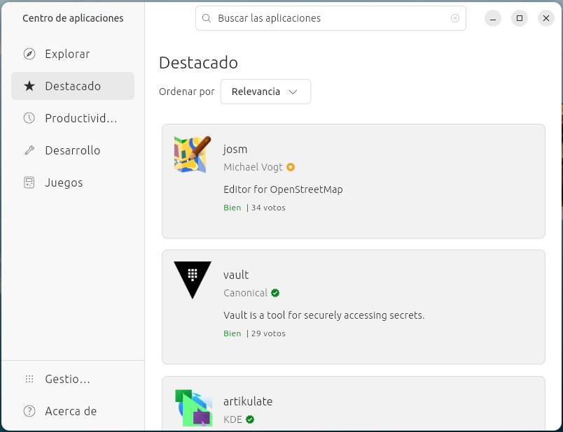 Captura de pantalla de la ventana del Centro de aplicaciones.