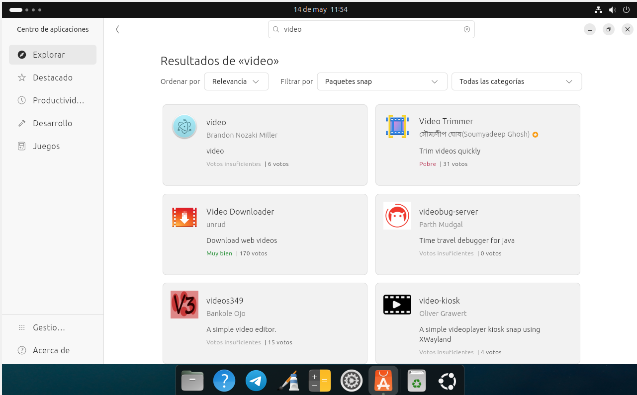 Captura de pantalla de la ventana del Centro de aplicaciones, búsqueda “vídeo”.