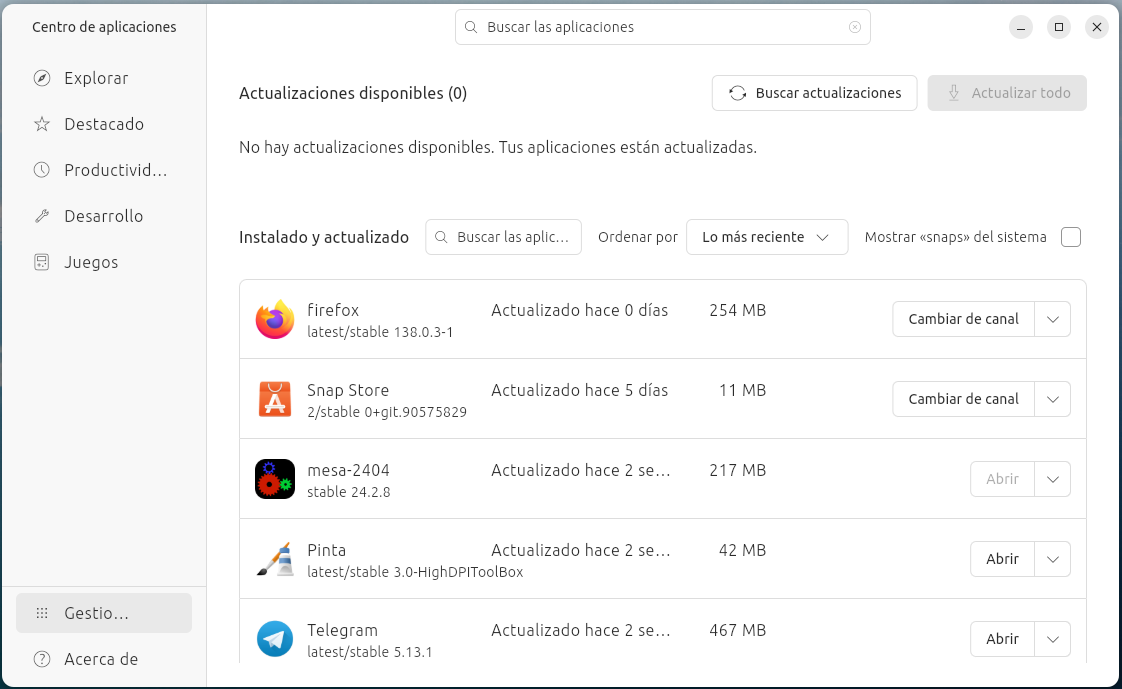 Captura de pantalla de la ventana del Centro de aplicaciones, opción Gestión de aplicaciones.