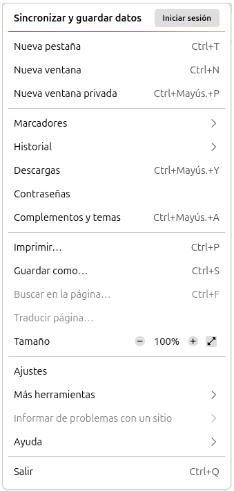 Captura de pantalla del menú de Firefox.