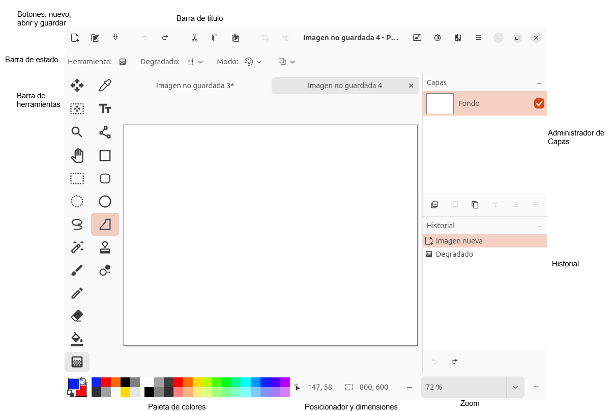 Captura de pantalla de la aplicación Pinta, mostrando el nombre de las principales barras y botones.