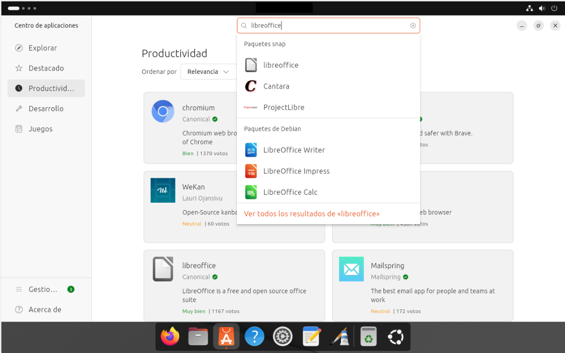 Captura de pantalla de la ventana del Centro de aplicaciones, opción Productividad.