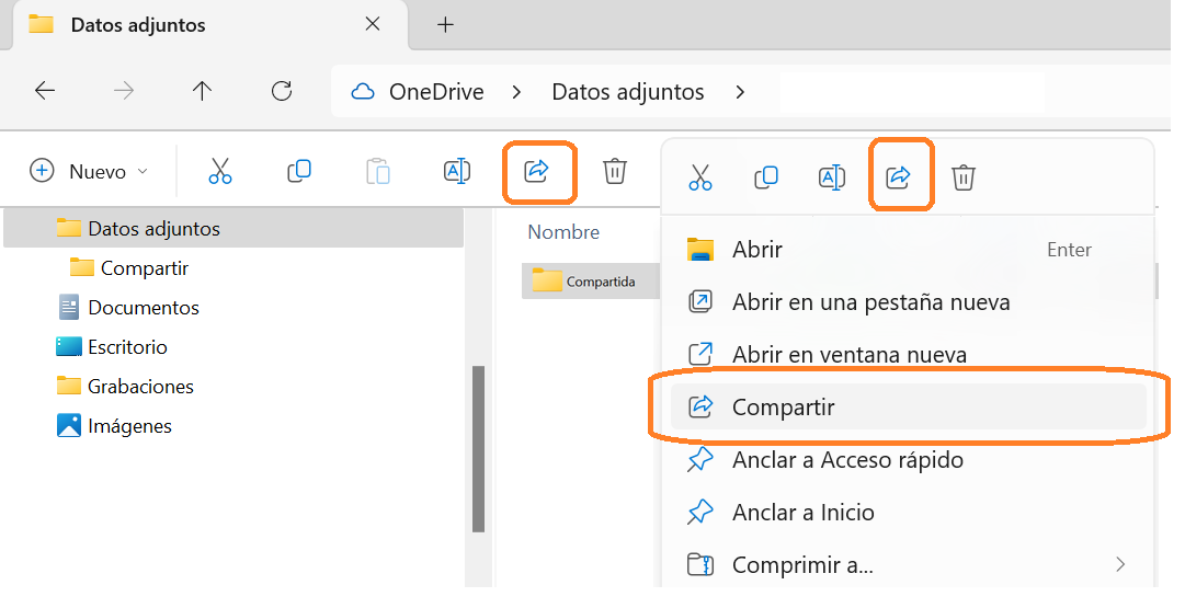 Captura de pantalla de Compartir desde el Explorador de archivos de Windows.