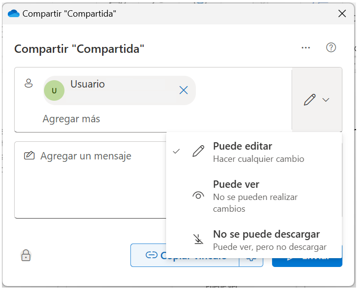 Captura de pantalla del cuadro de diálogo Compartir.