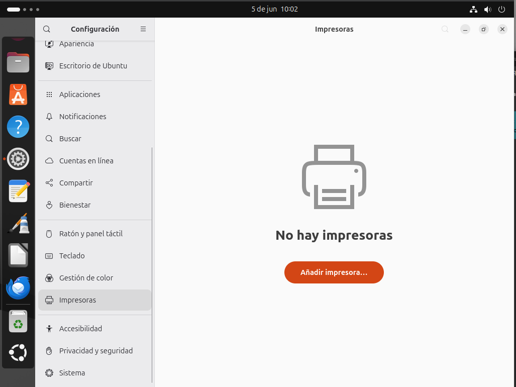 Captura de pantalla de Añadir impresora… en Linux Ubuntu.