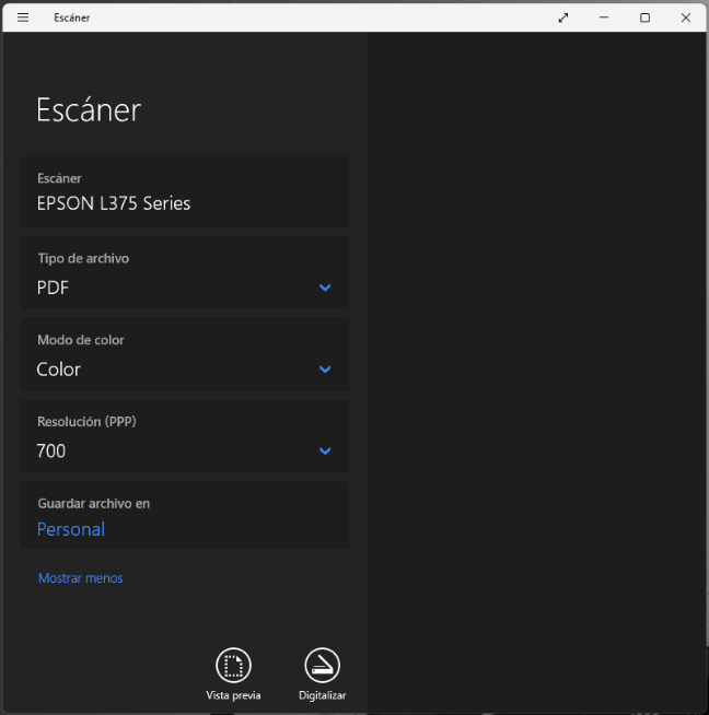 Captura de pantalla de escáner marca Epson con opciones del controlador.