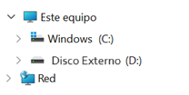 Captura de pantalla examinando disco duro externo desde el Explorador de archivos de Windows.
