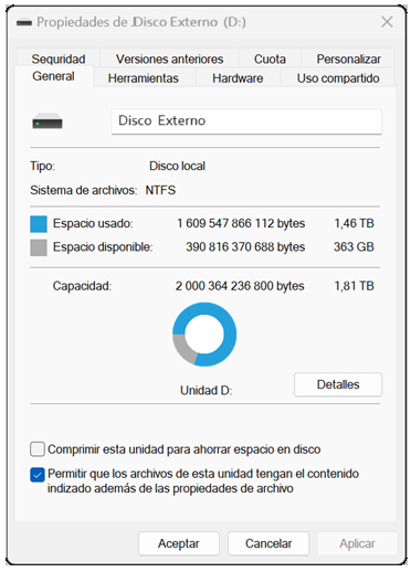 Captura de pantalla de Propiedades de la unidad