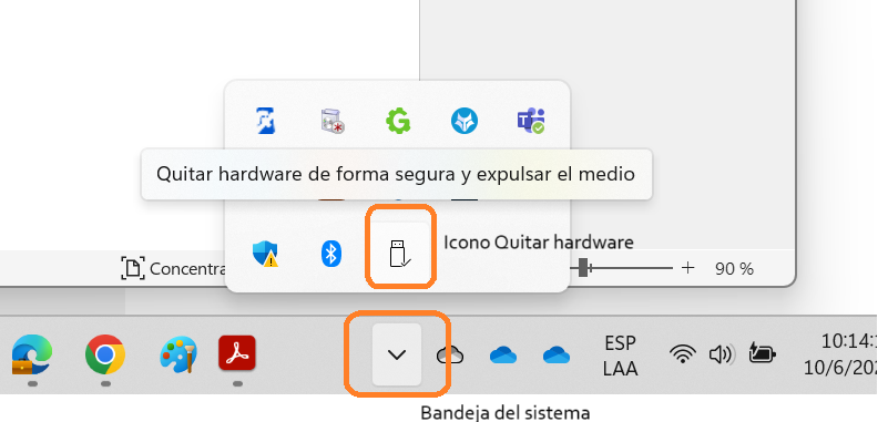 Captura de pantalla del ícono Quitar hardware de la bandeja del sistema.