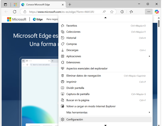 Captura de pantalla, opciones del menú Edge.