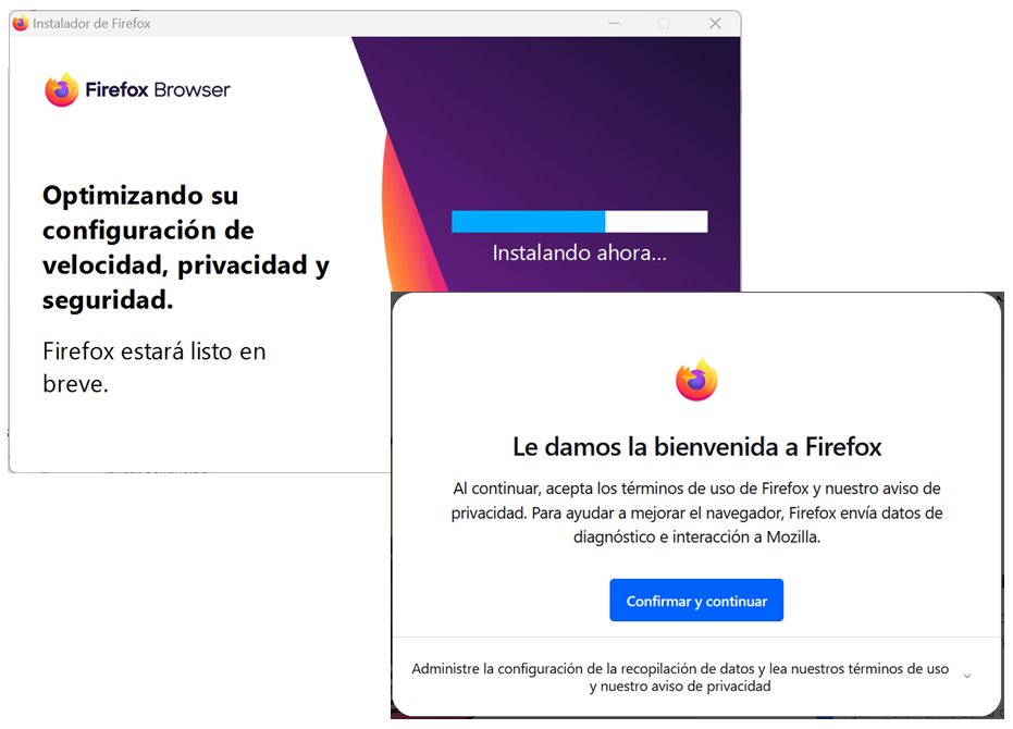 Captura de pantalla de instalación de Mozilla Firefox.