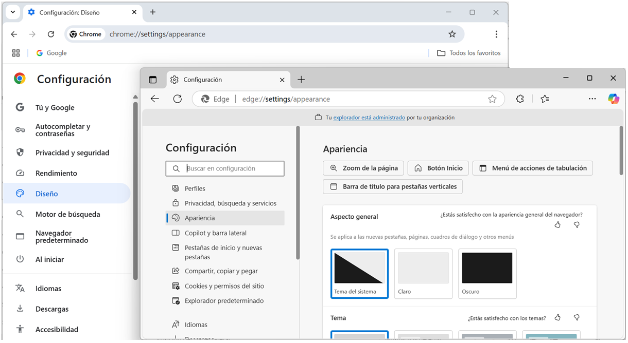 Captura de pantalla de Configuración Diseño – Apariencia de navegadores.