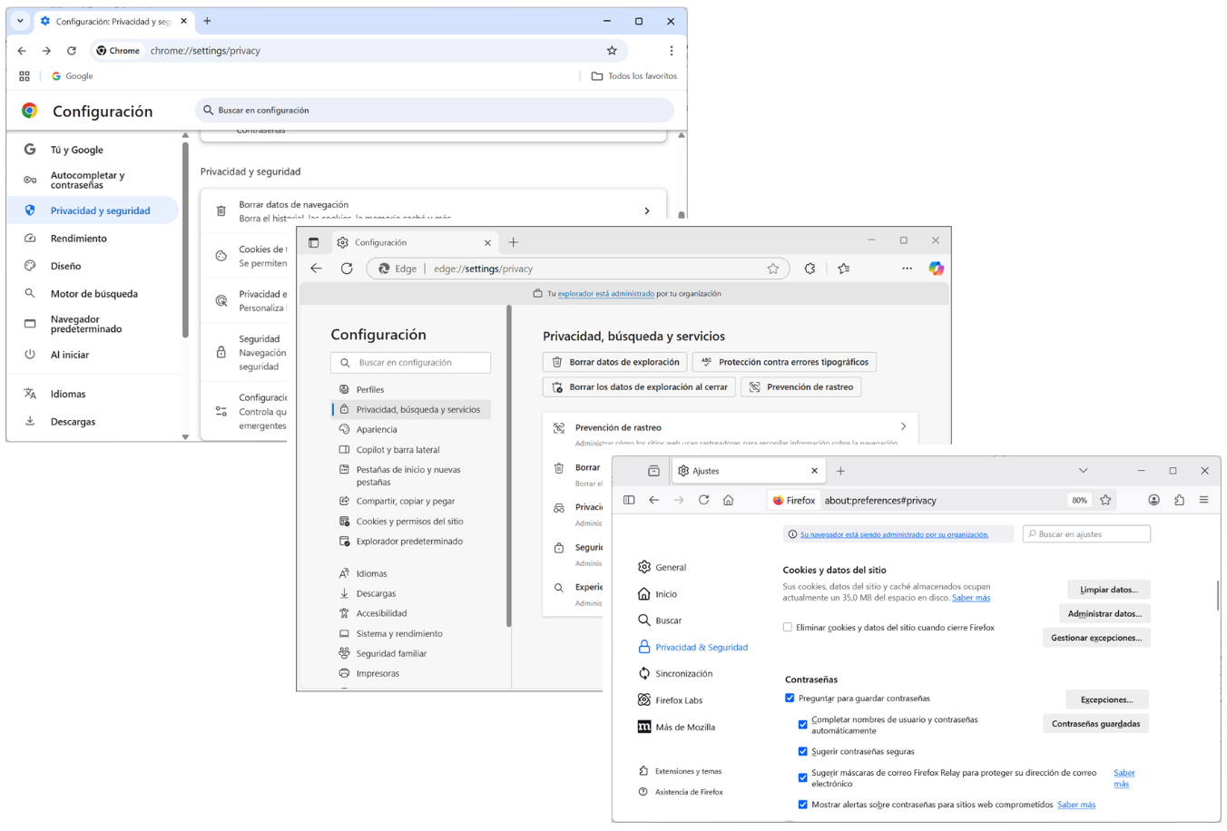 Capturas de pantalla de configuración de la seguridad y privacidad de navegadores.