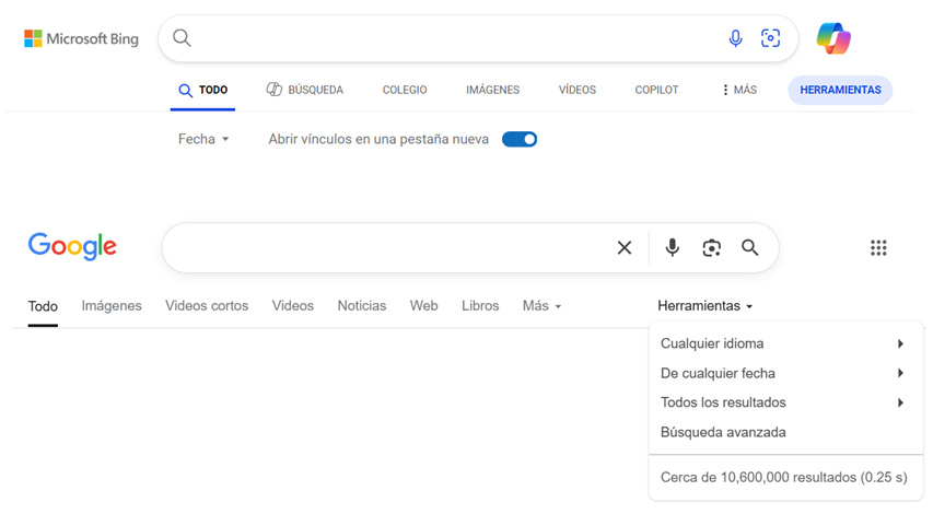 Captura de pantallas de motores de búsqueda Bing y Google.