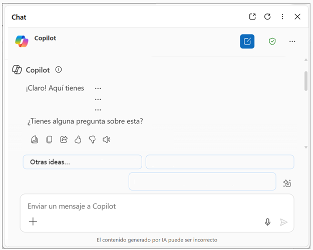 Captura de pantalla de respuesta al chat con Copilot.