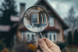 persona mira con lupa una casa