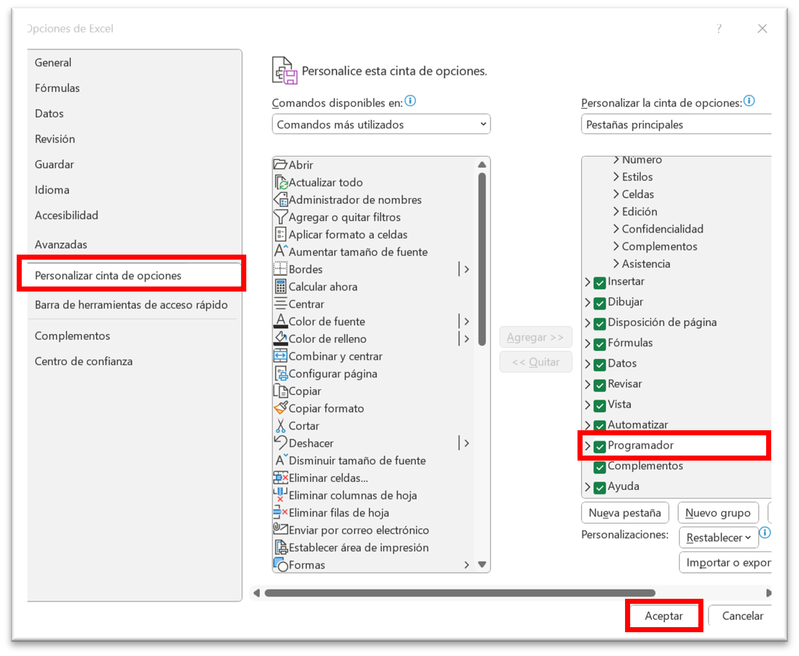 Imagen de la activación de la pestaña Programador en Opciones de Excel