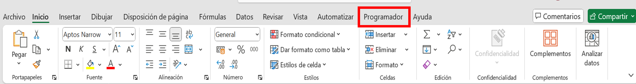 Imagen de la pestaña Programador o Desarrollador activa en la cinta de Excel