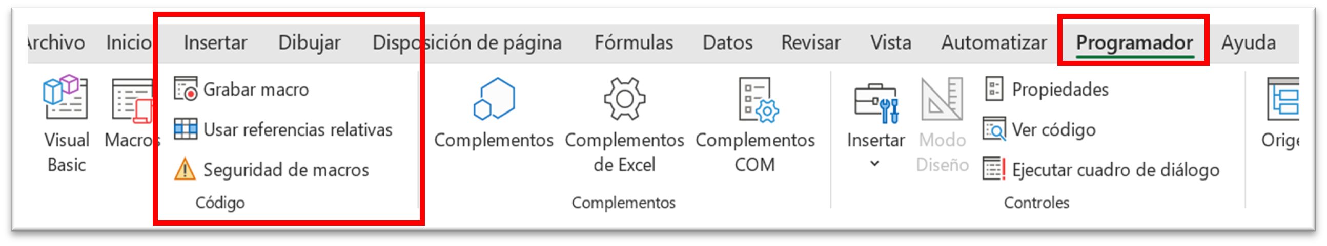 Imagen de los botones Grabar Macro y Macros en la pestaña Programador