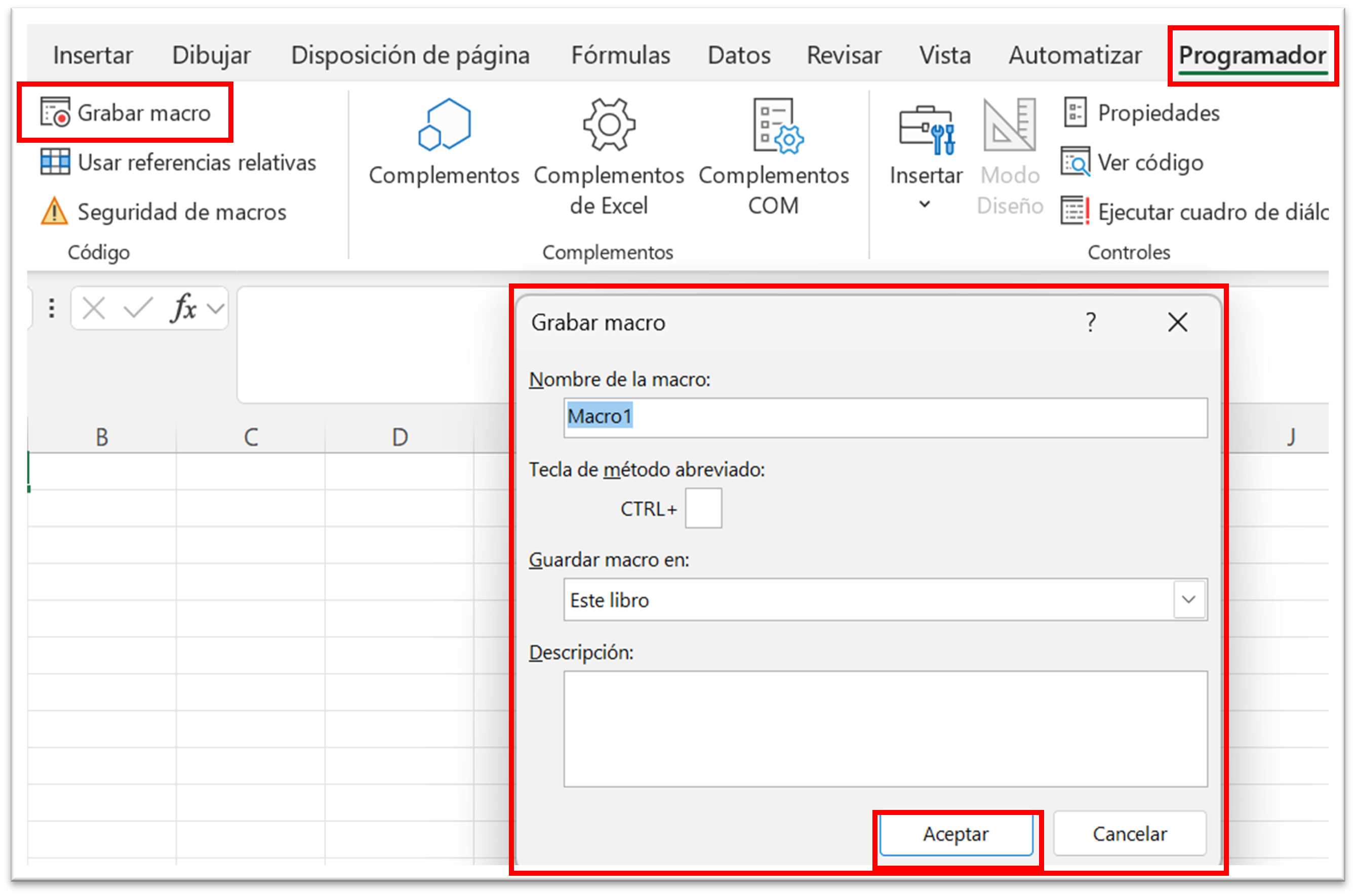 Ventana de diálogo de Grabar Macro con opciones de nombre, atajo y ubicación
